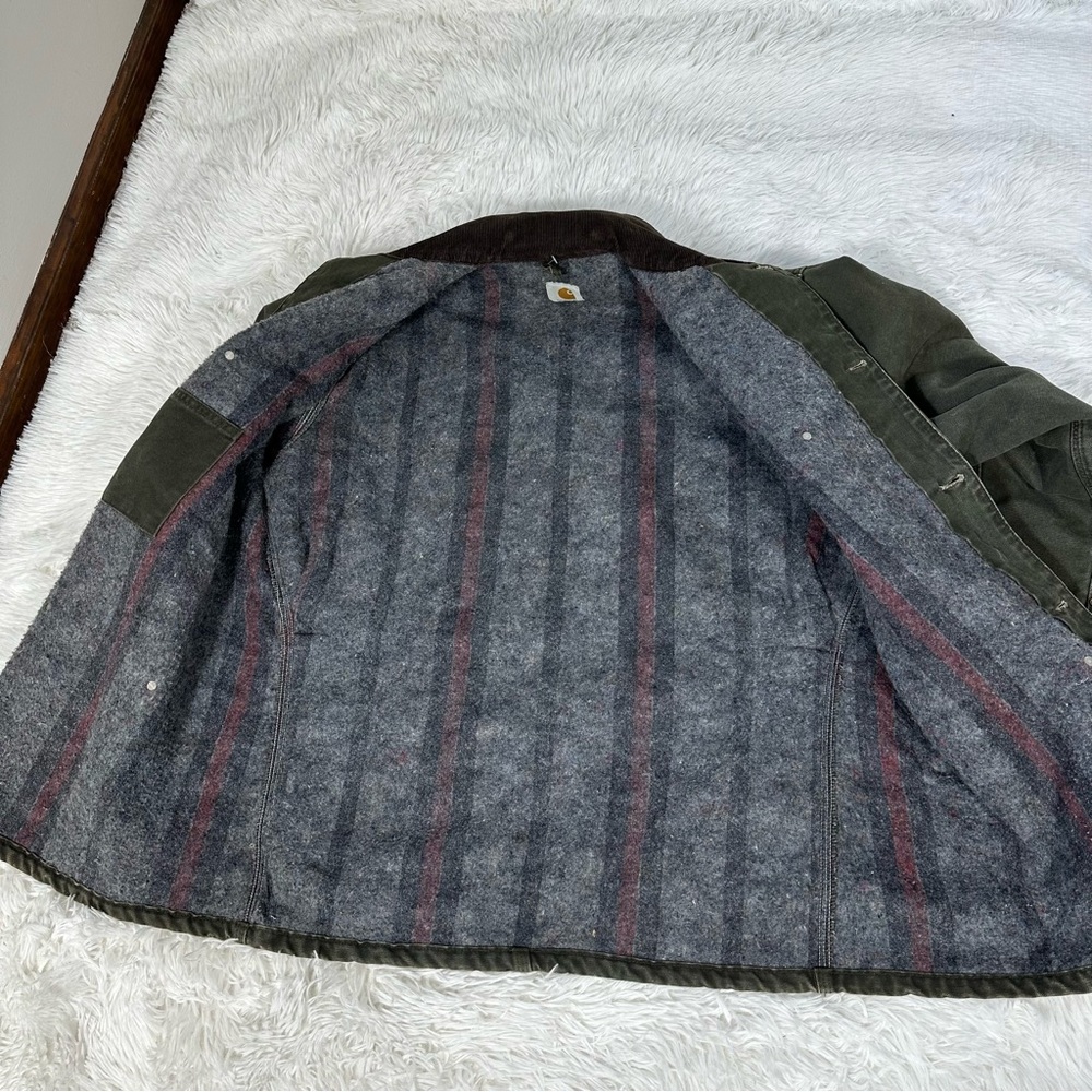 Vintage Carhartt Green Chore Jacket Blanket Lined Workwear Coat Brown Collar XL - Picture 6 of 16
